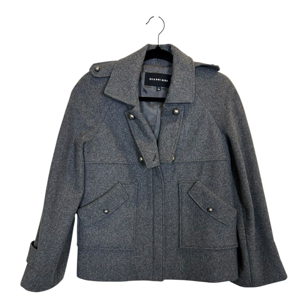 Gianni Bini Crop Gray Wool Blend Military Jacket Sz 2